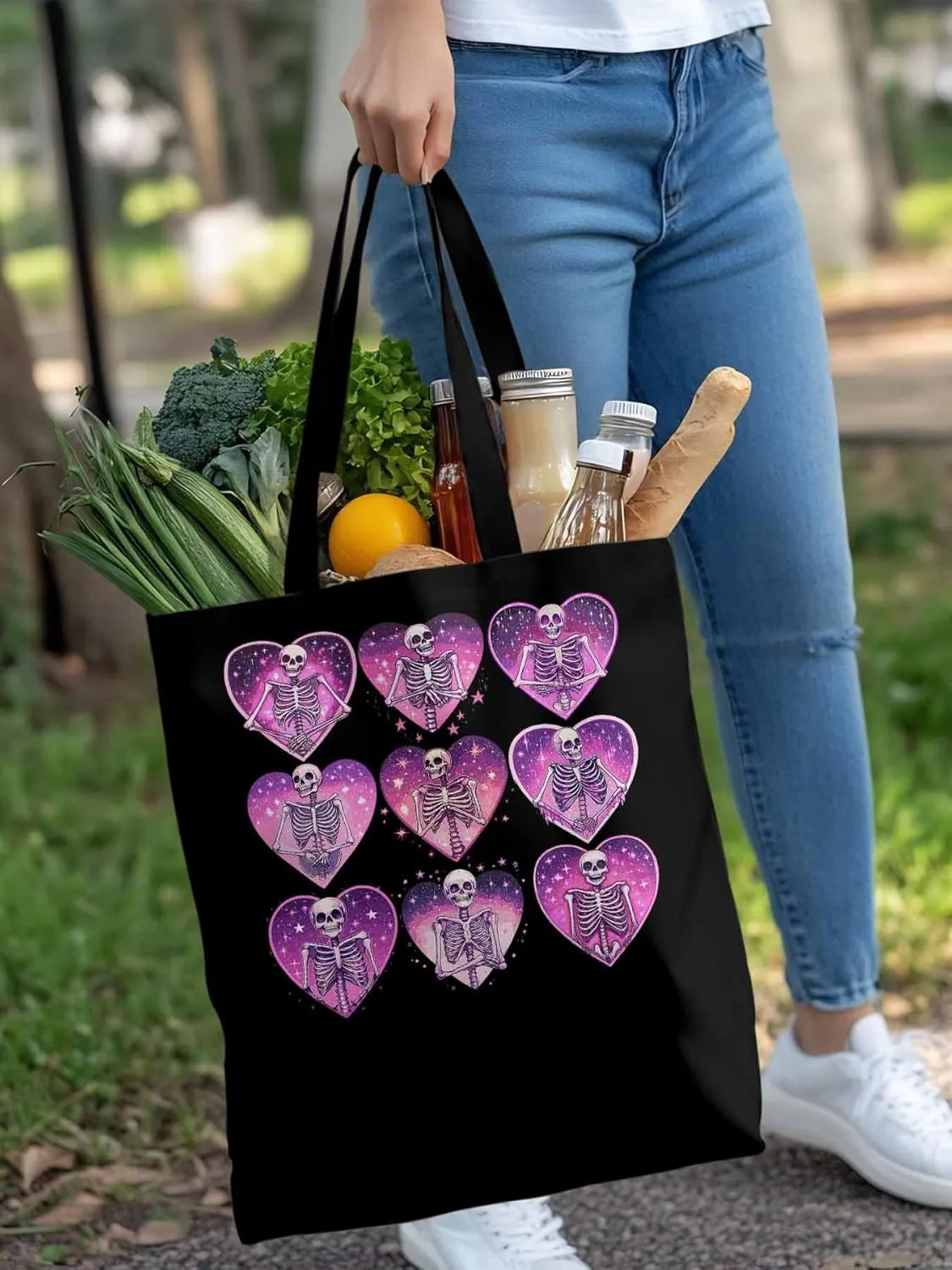 Canvas Tote Bag, Love Heart Skull Valentine Aesthetic Canvas Tote Handbags for Women Shoulder Bag