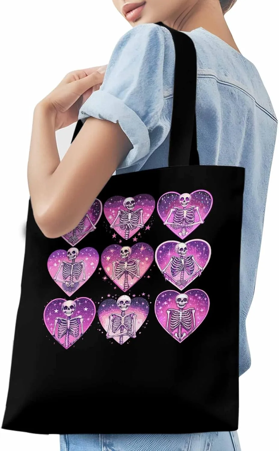 Canvas Tote Bag, Love Heart Skull Valentine Aesthetic Canvas Tote Handbags for Women Shoulder Bag