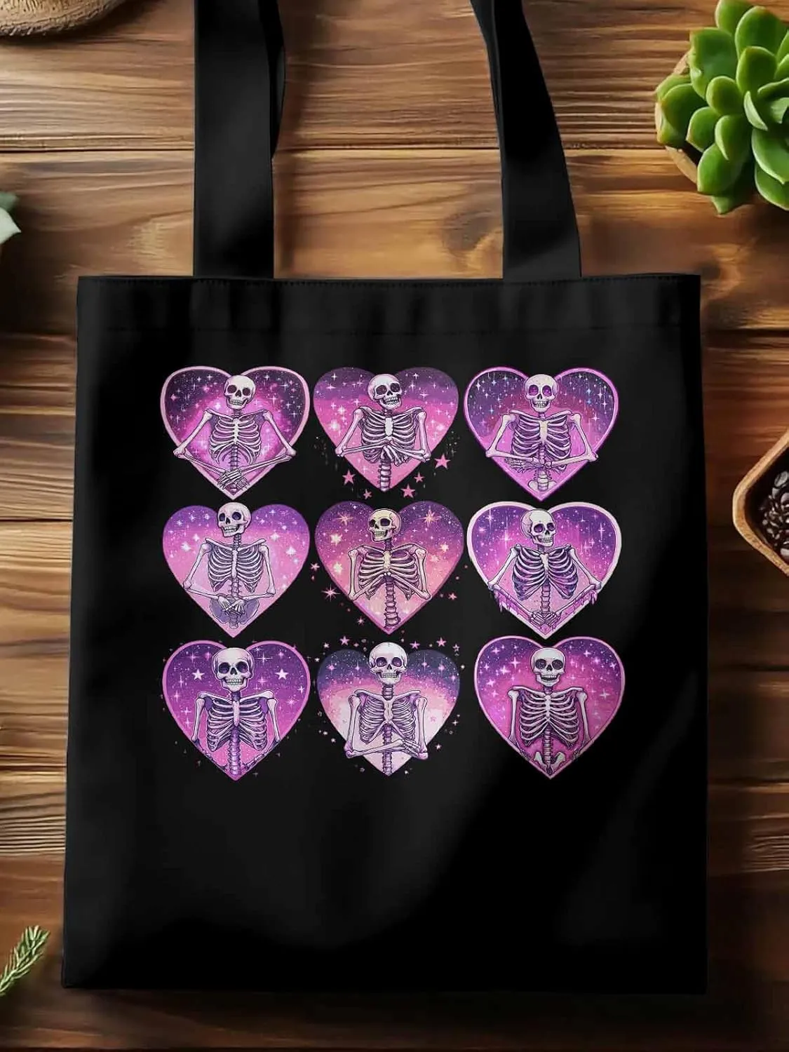 Canvas Tote Bag, Love Heart Skull Valentine Aesthetic Canvas Tote Handbags for Women Shoulder Bag