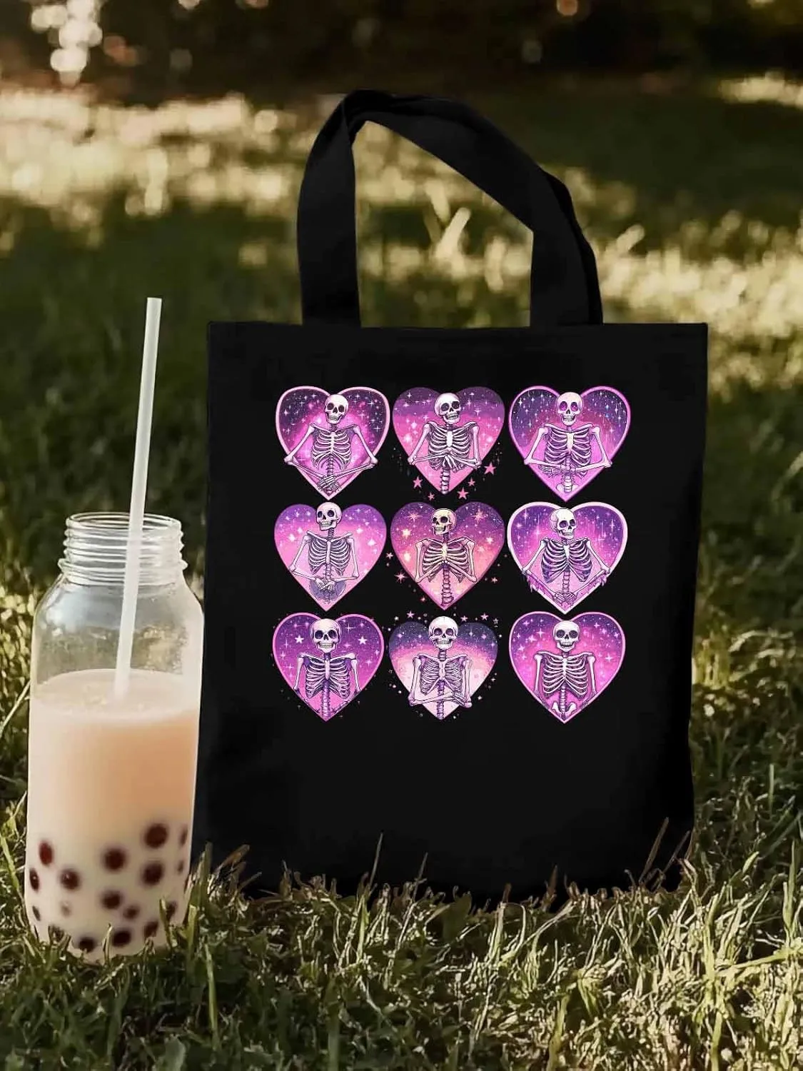 Canvas Tote Bag, Love Heart Skull Valentine Aesthetic Canvas Tote Handbags for Women Shoulder Bag