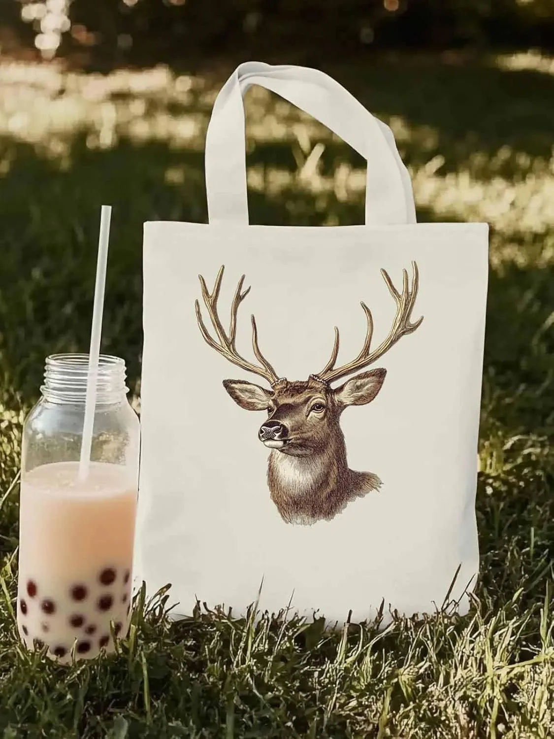 Canvas Tote Bag, Mid Century Elk Print patterned Canvas Tote Handbags for Women Shoulder Bag,