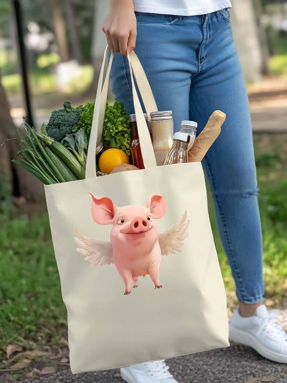 Canvas Tote Bag, Pig Aesthetic Canvas Tote Handbags for Women Shoulder Bag Watercolor Animals