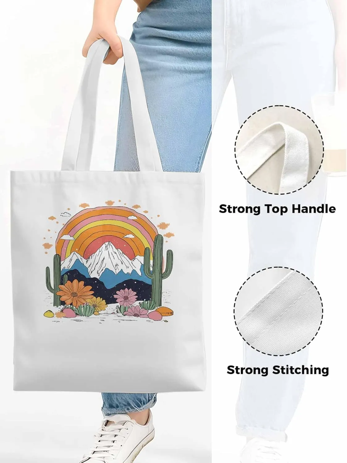 Canvas Tote Bag, Rainbow Mountain Cactus Daisy Flowers patterned Canvas Tote Handbags for Women Shoulder Bag,
