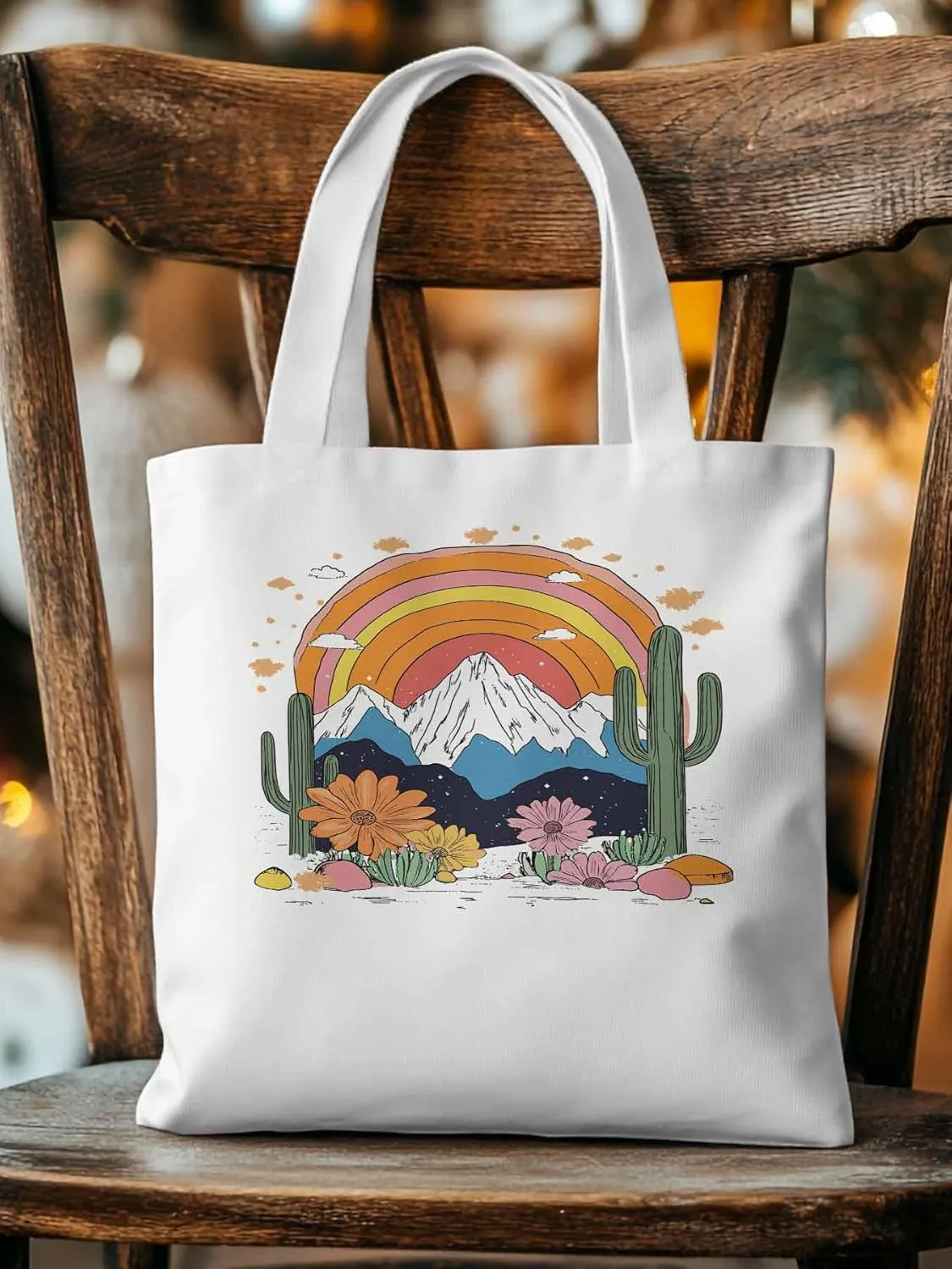 Canvas Tote Bag, Rainbow Mountain Cactus Daisy Flowers patterned Canvas Tote Handbags for Women Shoulder Bag,