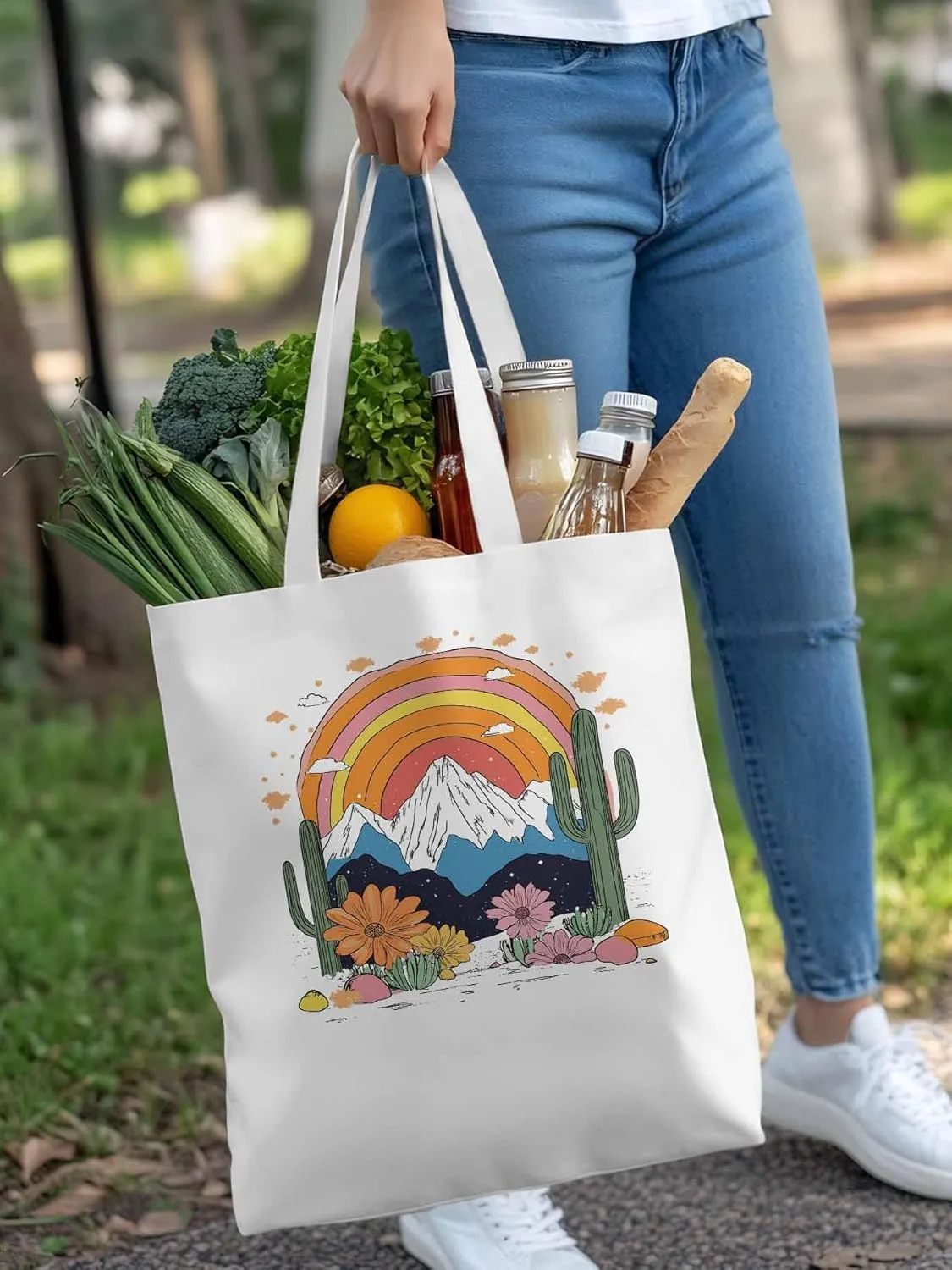 Canvas Tote Bag, Rainbow Mountain Cactus Daisy Flowers patterned Canvas Tote Handbags for Women Shoulder Bag,