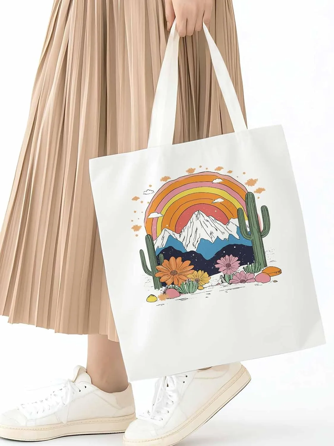 Canvas Tote Bag, Rainbow Mountain Cactus Daisy Flowers patterned Canvas Tote Handbags for Women Shoulder Bag,