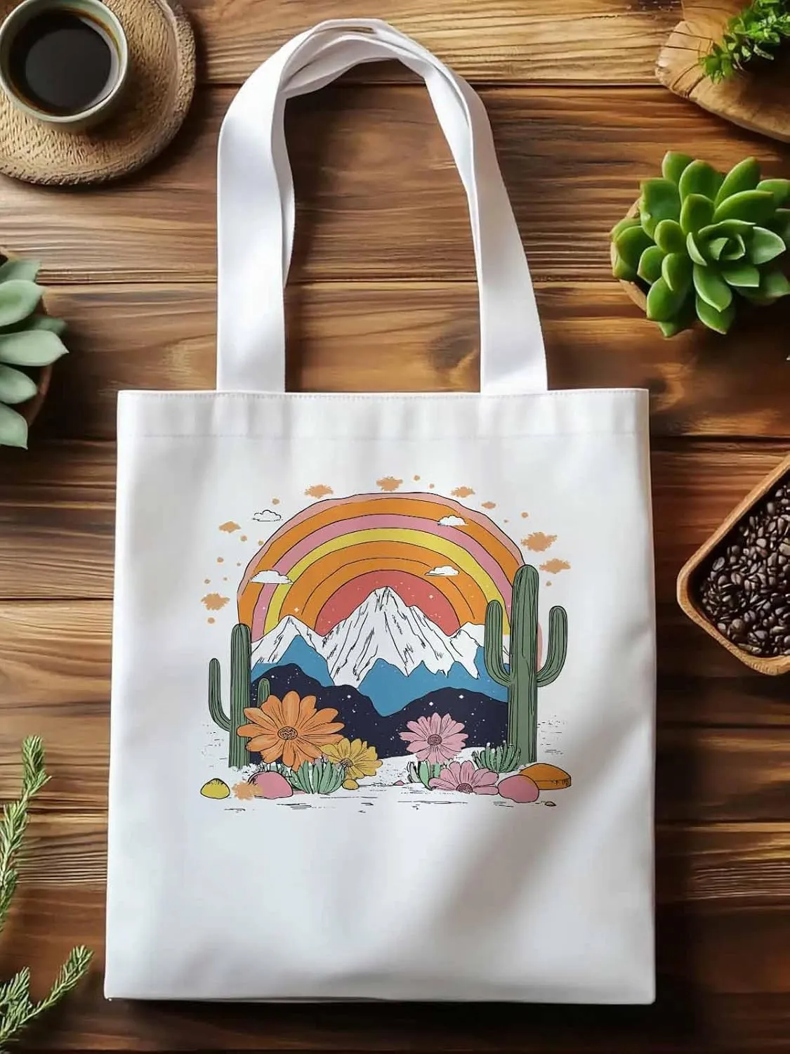 Canvas Tote Bag, Rainbow Mountain Cactus Daisy Flowers patterned Canvas Tote Handbags for Women Shoulder Bag,