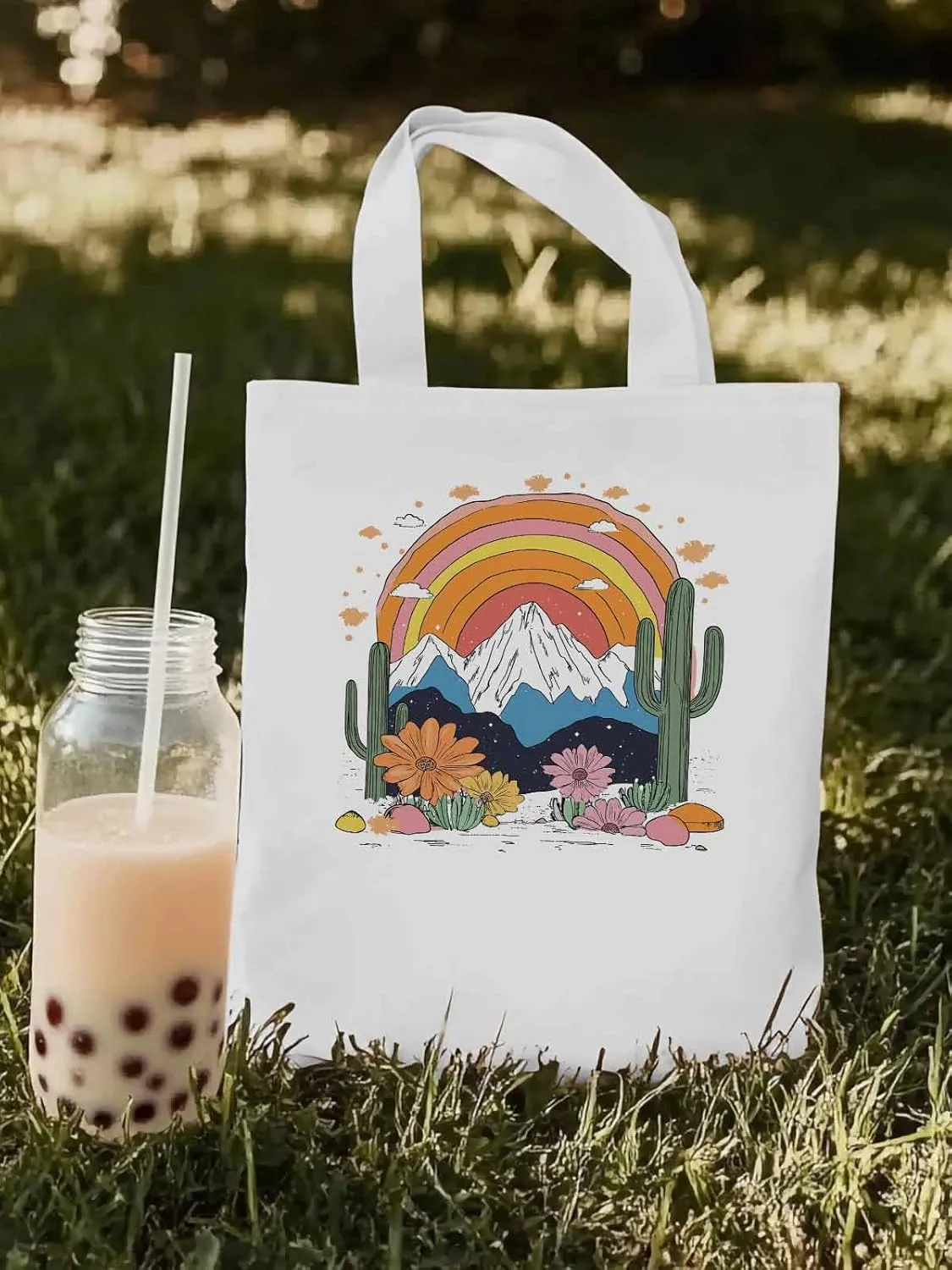 Canvas Tote Bag, Rainbow Mountain Cactus Daisy Flowers patterned Canvas Tote Handbags for Women Shoulder Bag,