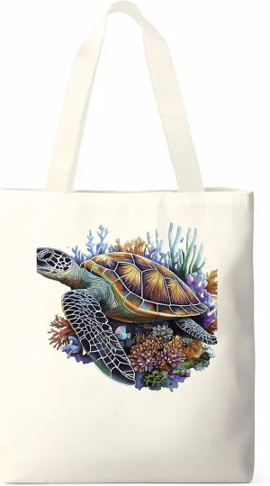 Canvas Tote Bag, Watercolors Corals Sea Turtles Aesthetic Canvas Tote Handbags for Women Shoulder Bag