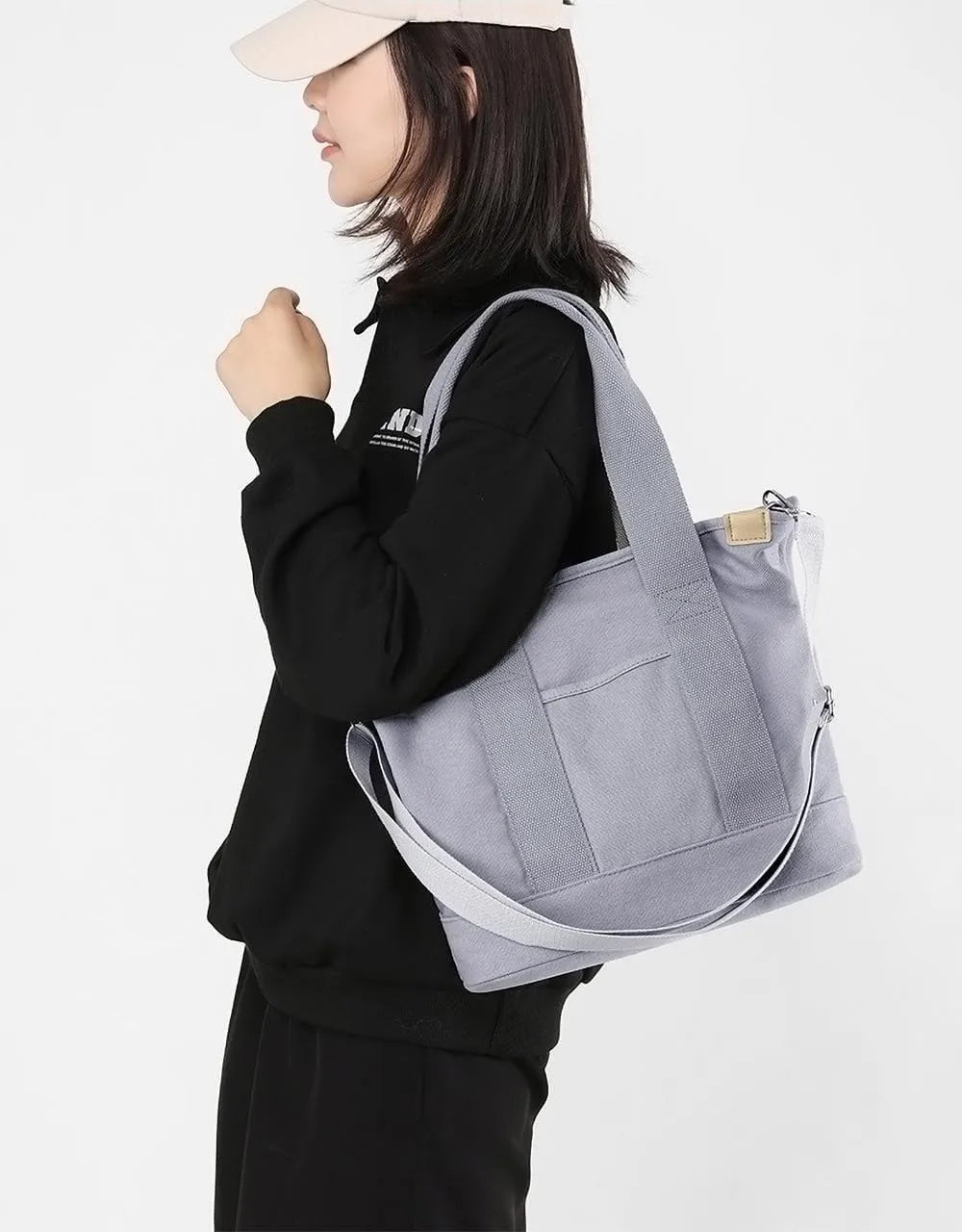 Canvas Tote Bag with Zipper for Women Crossbody Bag Trendy Shoulder Handbag Satchel Hobo Bag Messenger Bag with Compartments