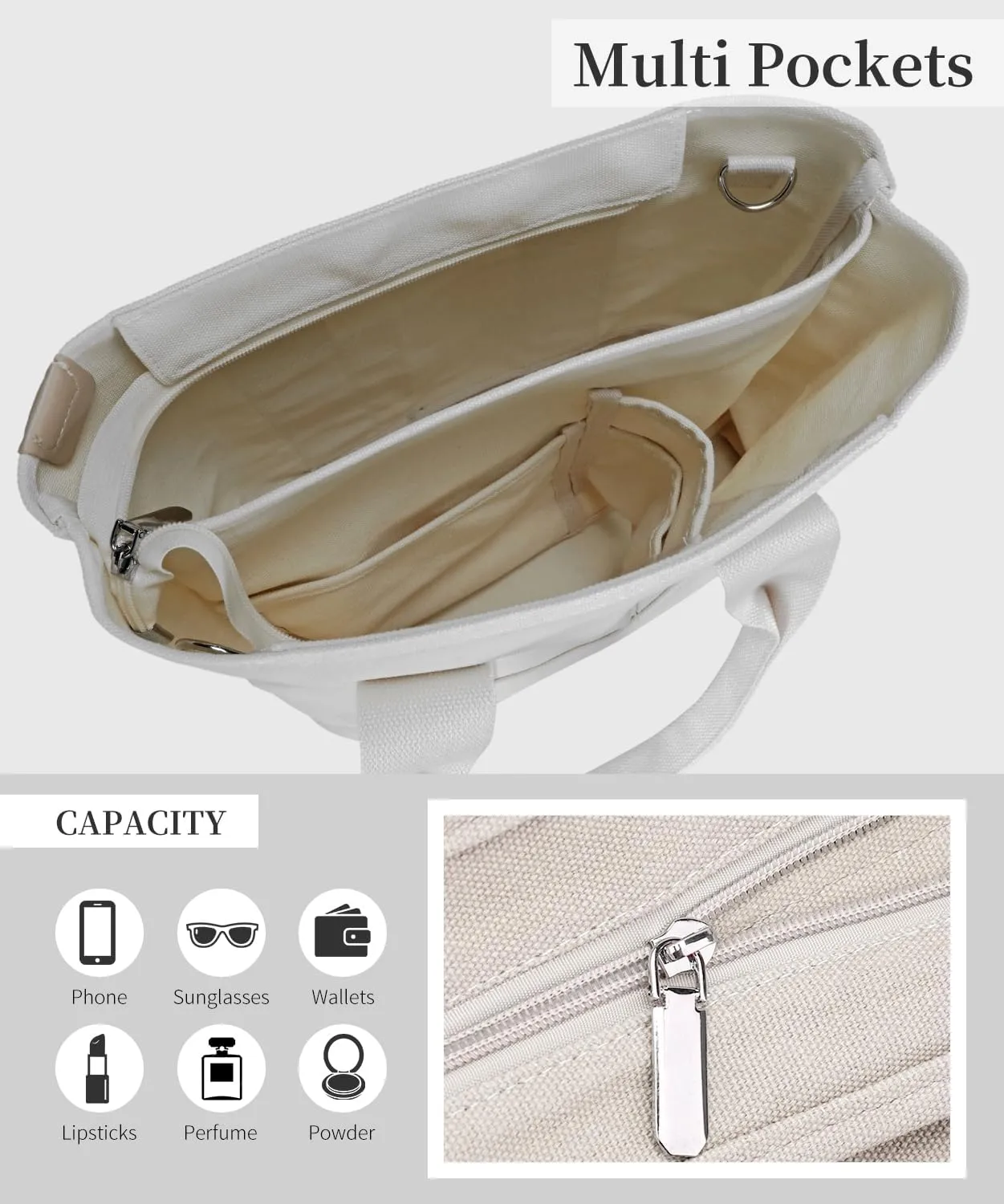 Canvas Tote Bag with Zipper for Women Crossbody Bag Trendy Shoulder Handbag Satchel Hobo Bag Messenger Bag with Compartments