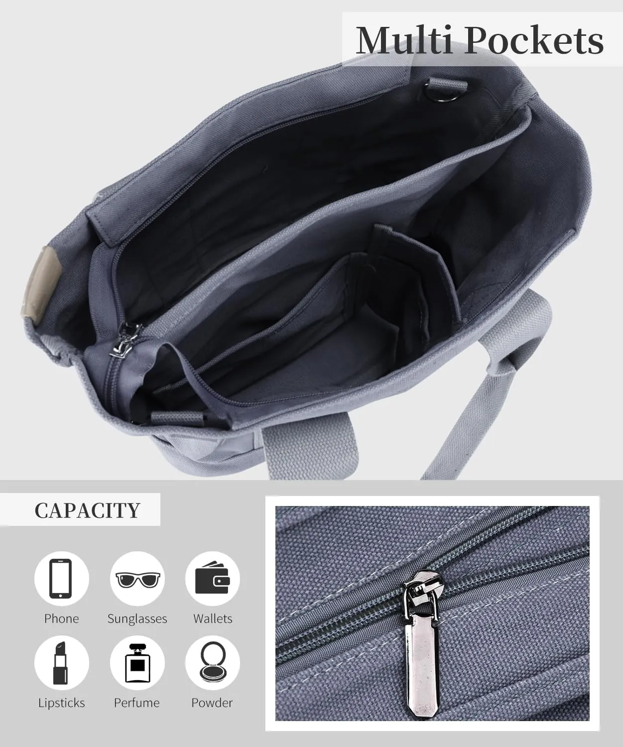 Canvas Tote Bag with Zipper for Women Crossbody Bag Trendy Shoulder Handbag Satchel Hobo Bag Messenger Bag with Compartments