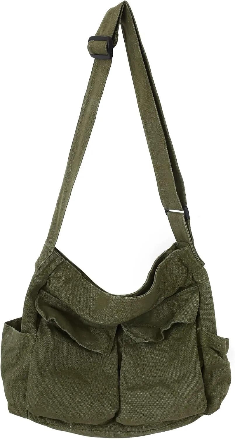 Canvas Tote Hobo Crossbody Messenger Bag with Multiple Pockets - Casual Shoulder Bag for Women & Men