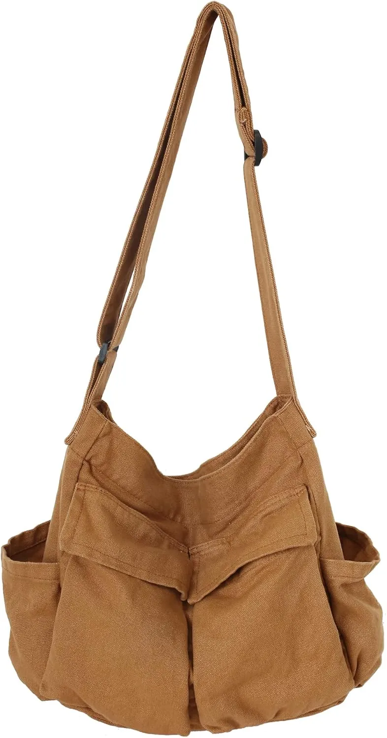 Canvas Tote Hobo Crossbody Messenger Bag with Multiple Pockets - Casual Shoulder Bag for Women & Men