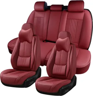 Car Seat Covers Full Set, Front and Rear Seat Covers for Cars, Waterproof Leather Auto Seat Protectors with Head Pillow, Car Seat Cushions Fit for Most Sedans SUV Pick-up Truck, Wine Red