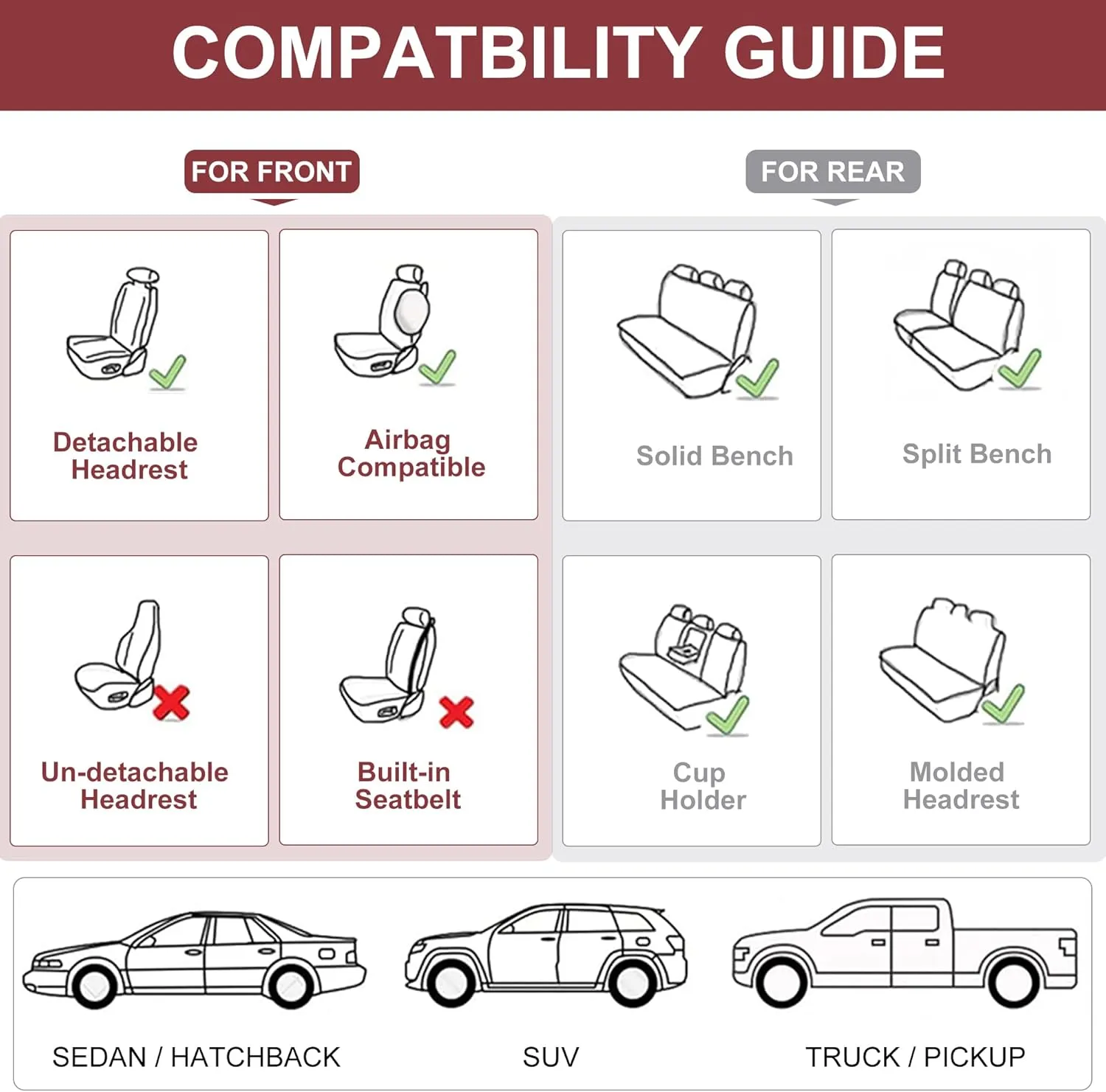 Car Seat Covers Full Set, Front and Rear Seat Covers for Cars, Waterproof Leather Auto Seat Protectors with Head Pillow, Car Seat Cushions Fit for Most Sedans SUV Pick-up Truck, Wine Red