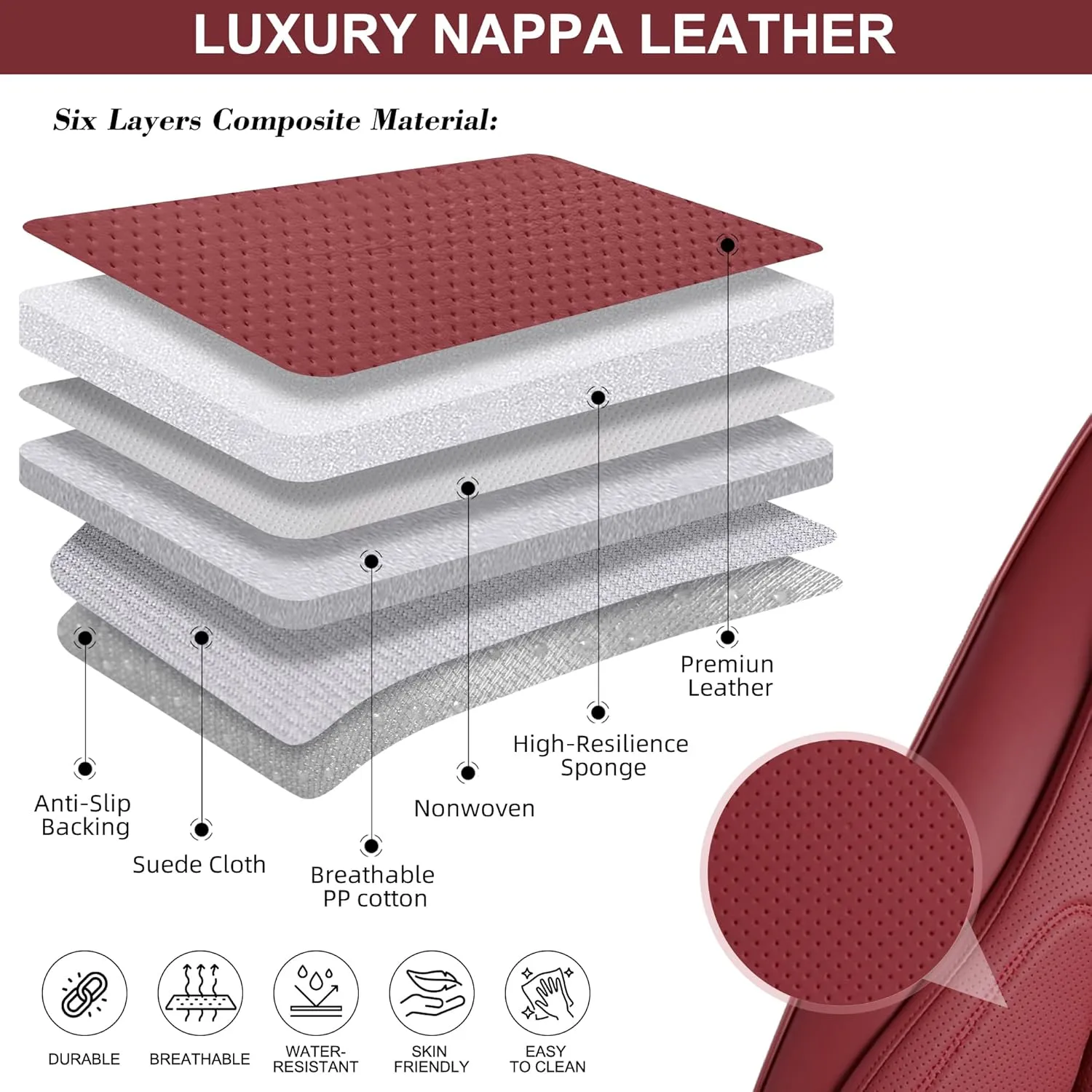 Car Seat Covers Full Set, Front and Rear Seat Covers for Cars, Waterproof Leather Auto Seat Protectors with Head Pillow, Car Seat Cushions Fit for Most Sedans SUV Pick-up Truck, Wine Red