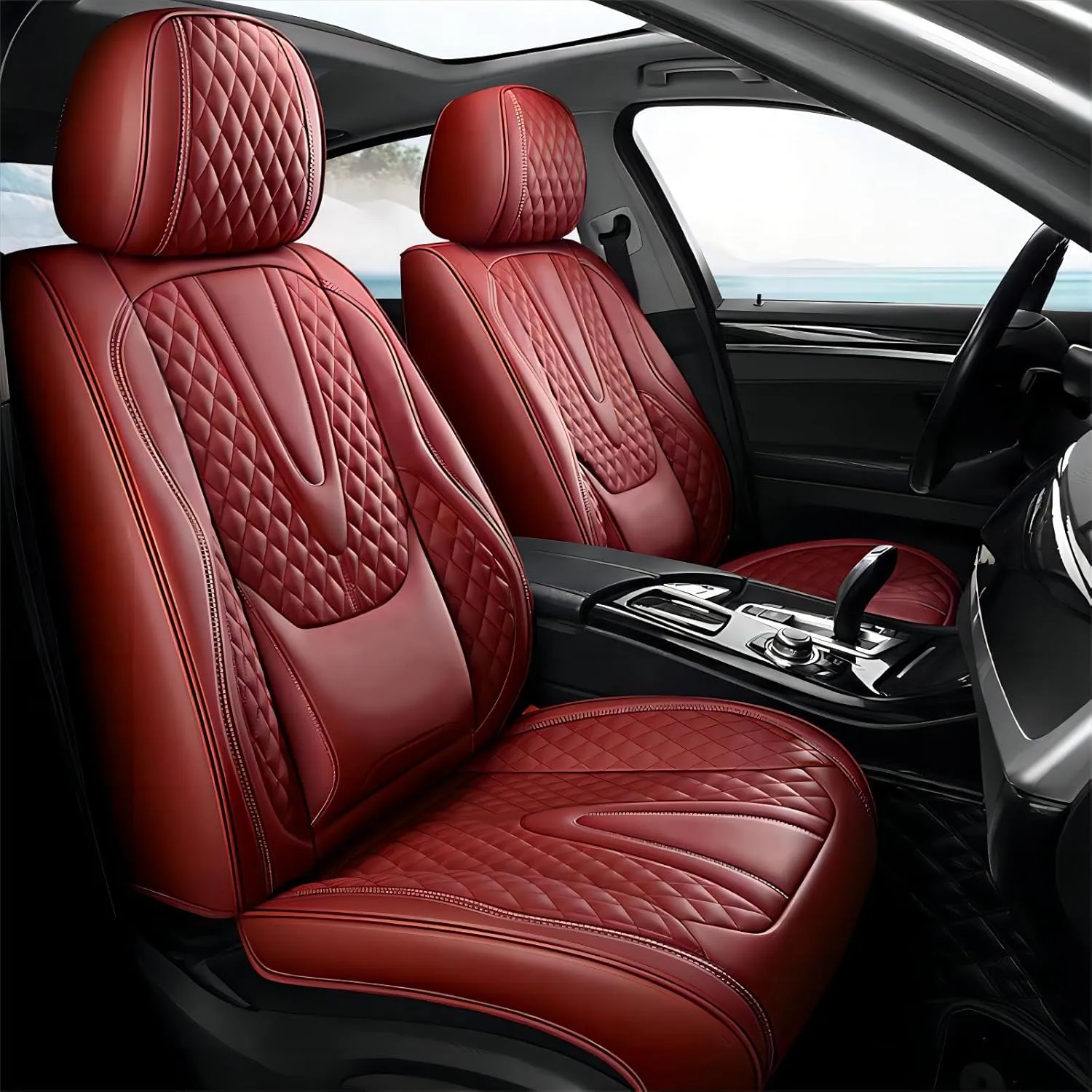 Car Seat Covers Full Set ，Waterproof Faux Leather Universal Seat Cover for Cars ，Protectors Fit for Most SUV Truck Sedans Pick-up Jeep, Airbag Compatible (Wine Red, Front Pair)