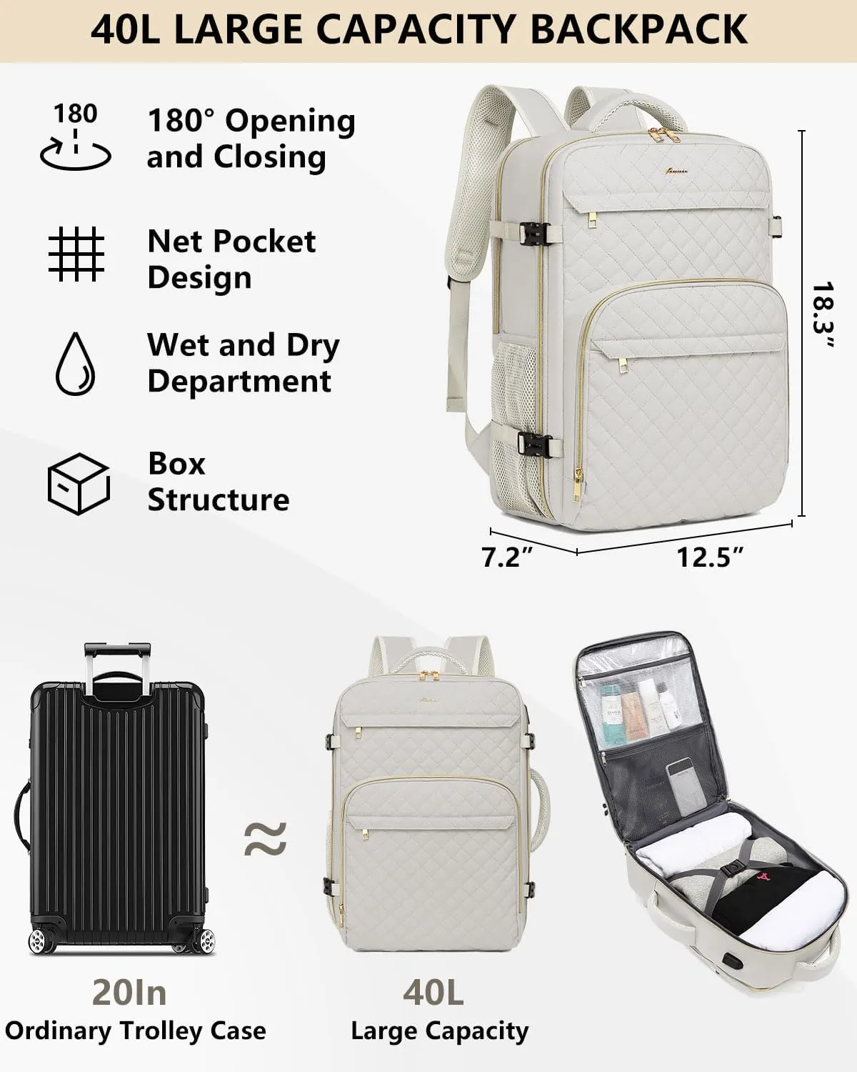 Carry On Women Travel Backpack: TSA Flight Approved Personal Item Backpacks Large 40L Waterproof Luggage Suitcase Backpack Fit 17 Inch Laptop Weekender Overnight Traveling Bag with USB Charge Beige