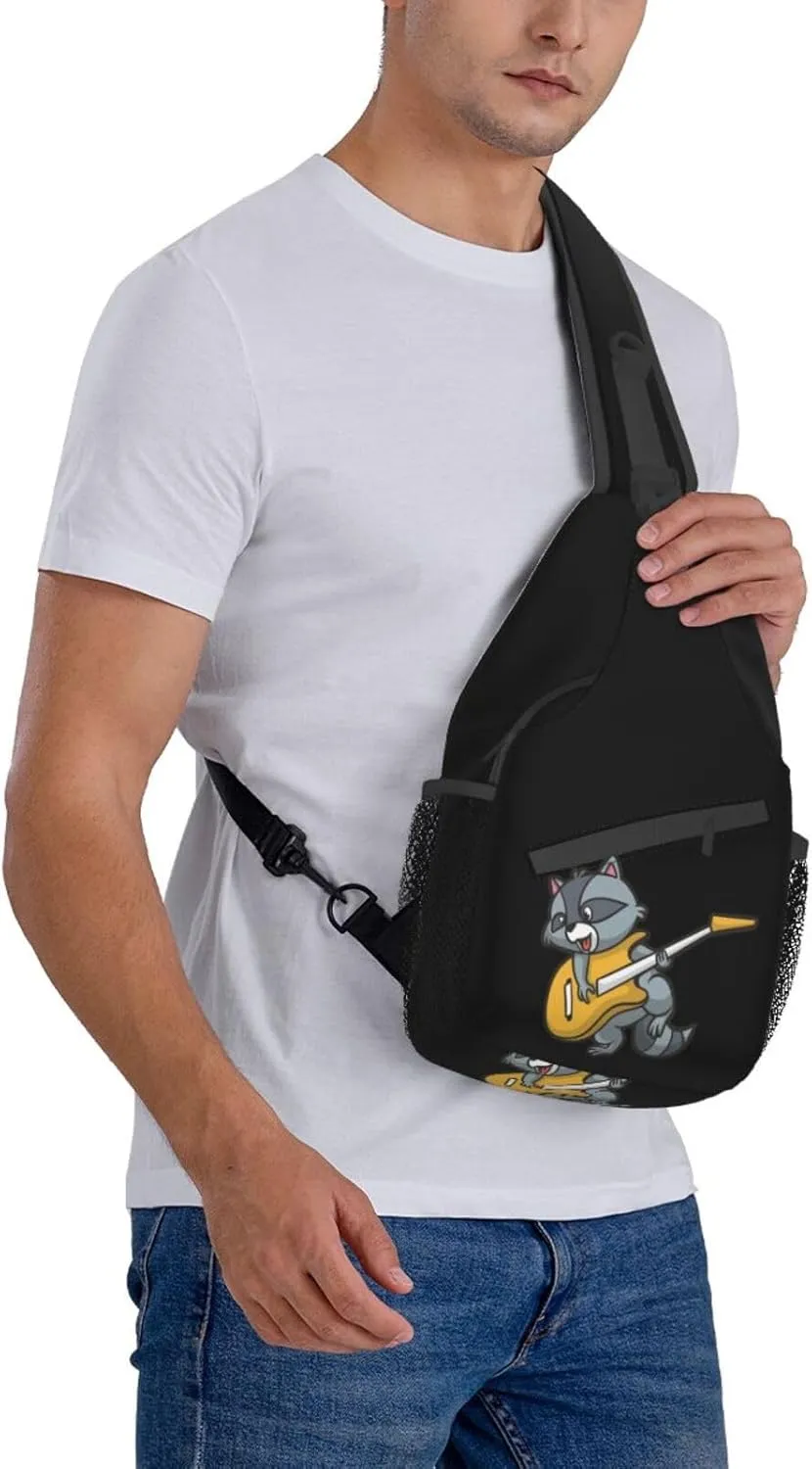 Cartoon Raccoon Plaing Guitar Small Sling Bag for Women Men Crossbody Backpack Casual Hiking Daypack Chest Shoulder Bag with Adjustable Strap