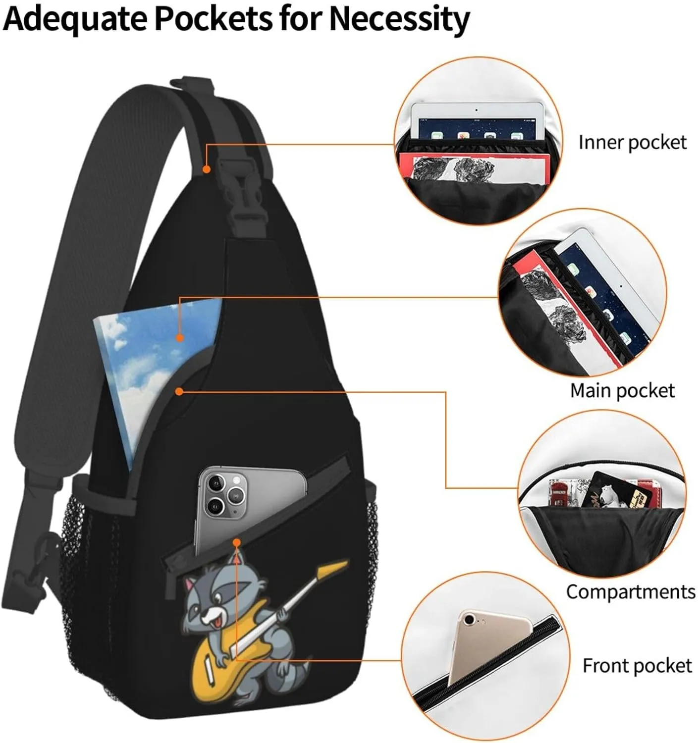 Cartoon Raccoon Plaing Guitar Small Sling Bag for Women Men Crossbody Backpack Casual Hiking Daypack Chest Shoulder Bag with Adjustable Strap