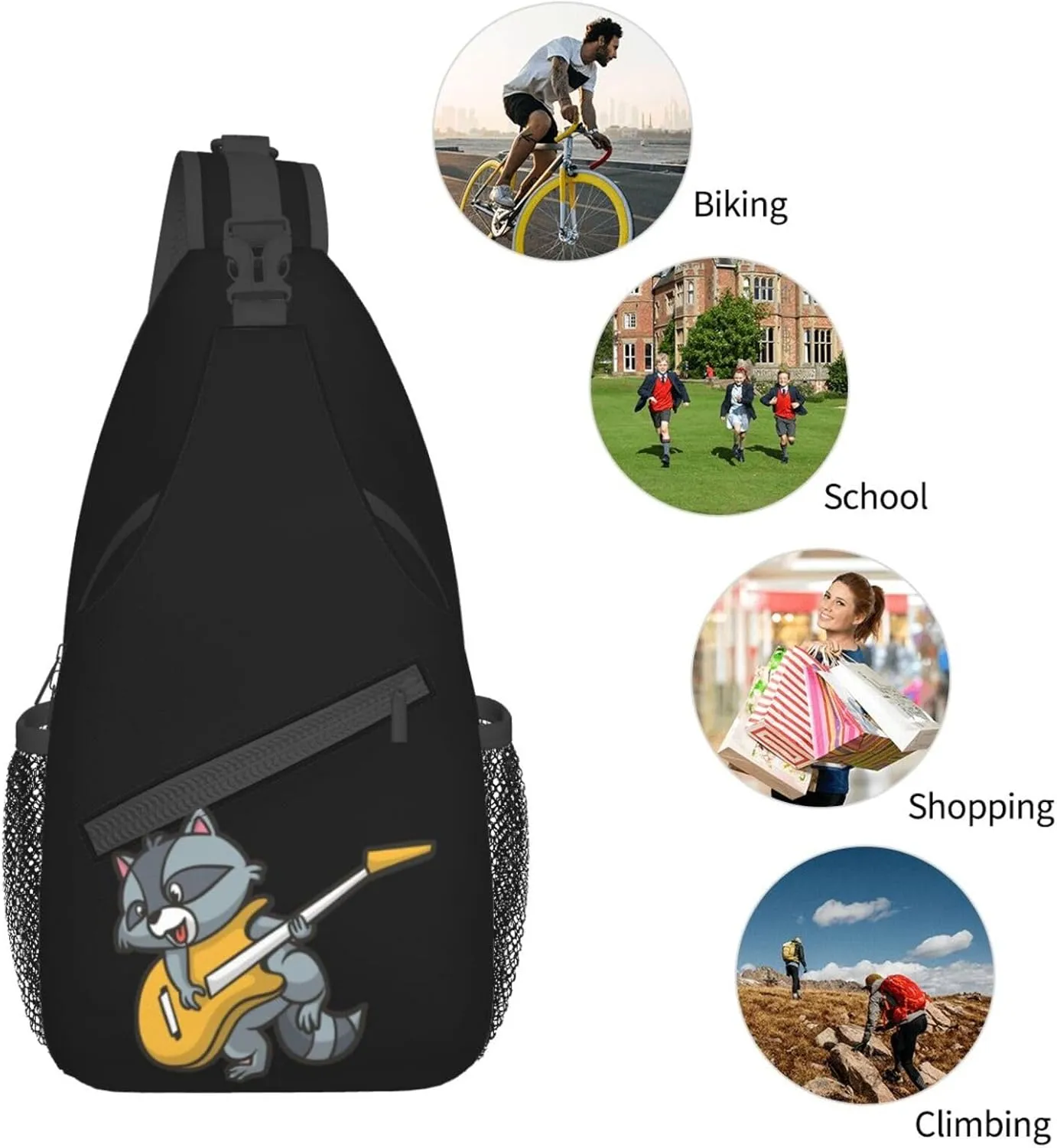 Cartoon Raccoon Plaing Guitar Small Sling Bag for Women Men Crossbody Backpack Casual Hiking Daypack Chest Shoulder Bag with Adjustable Strap