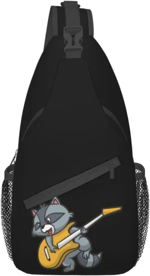 Cartoon Raccoon Plaing Guitar Small Sling Bag for Women Men Crossbody Backpack Casual Hiking Daypack Chest Shoulder Bag with Adjustable Strap