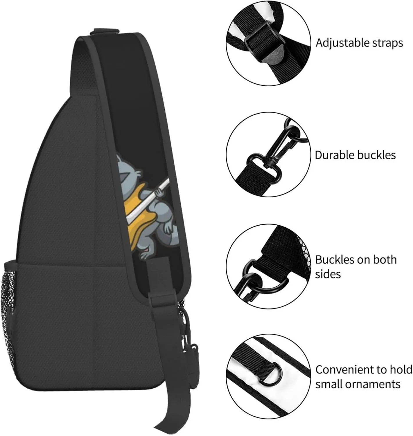 Cartoon Raccoon Plaing Guitar Small Sling Bag for Women Men Crossbody Backpack Casual Hiking Daypack Chest Shoulder Bag with Adjustable Strap