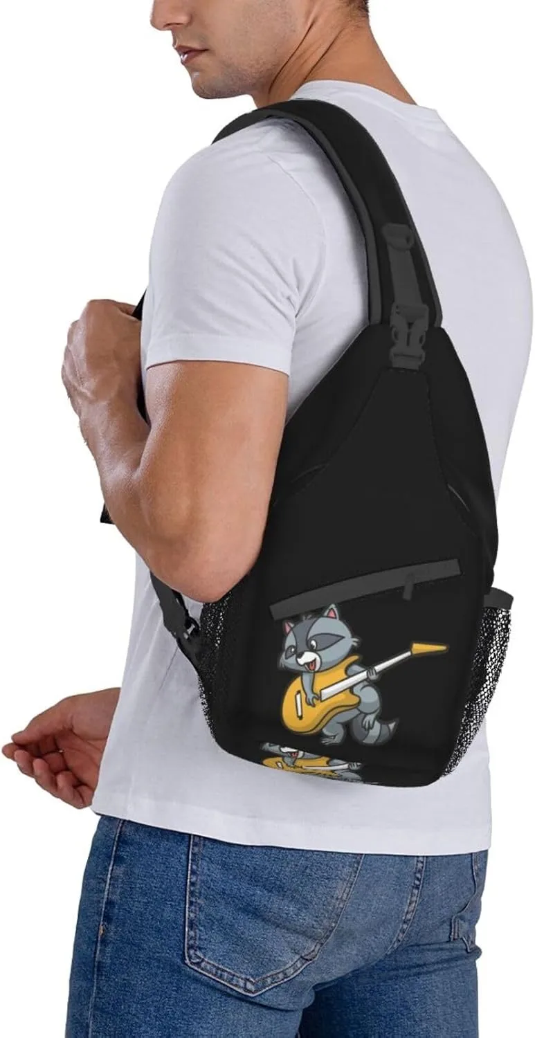 Cartoon Raccoon Plaing Guitar Small Sling Bag for Women Men Crossbody Backpack Casual Hiking Daypack Chest Shoulder Bag with Adjustable Strap