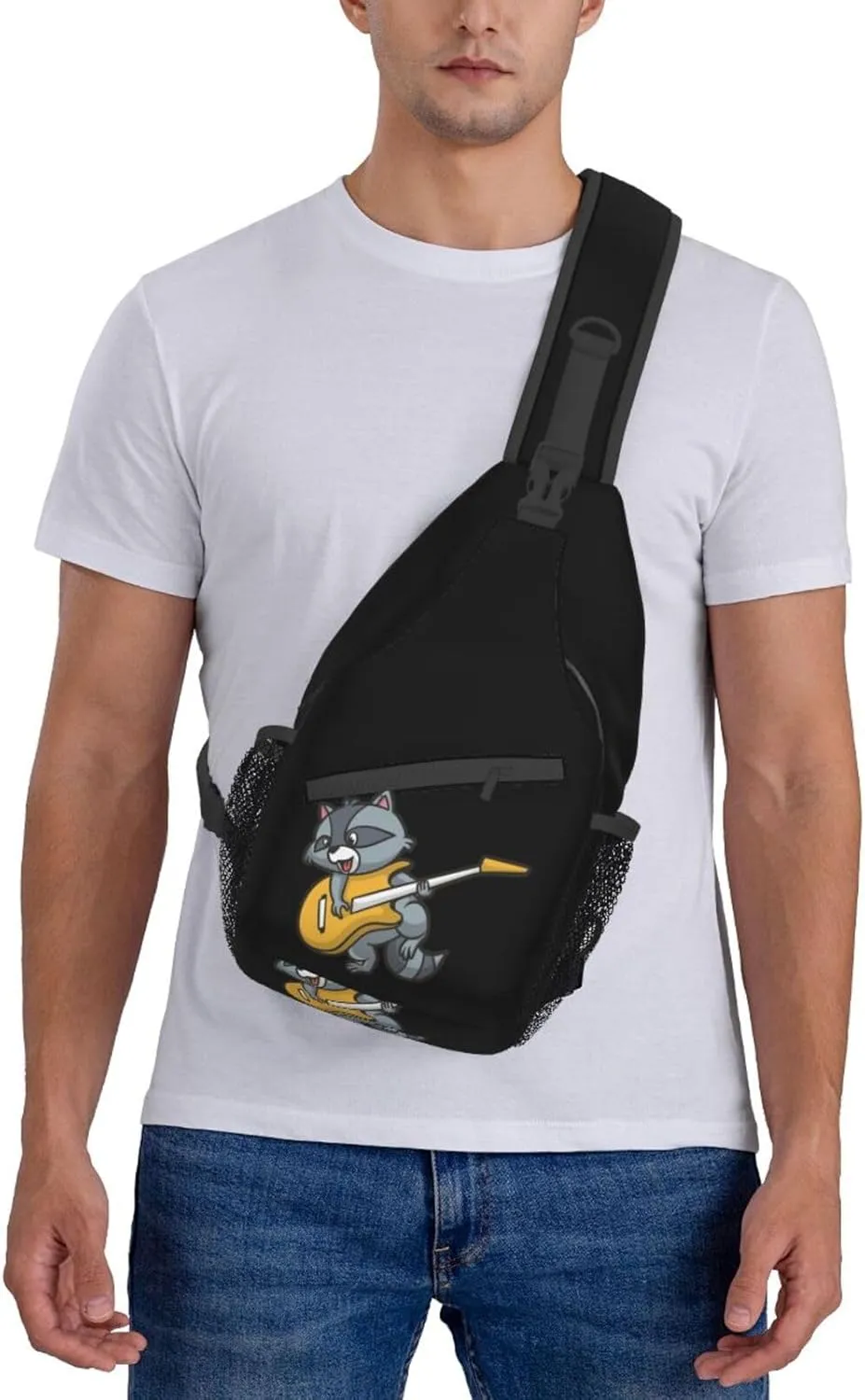 Cartoon Raccoon Plaing Guitar Small Sling Bag for Women Men Crossbody Backpack Casual Hiking Daypack Chest Shoulder Bag with Adjustable Strap