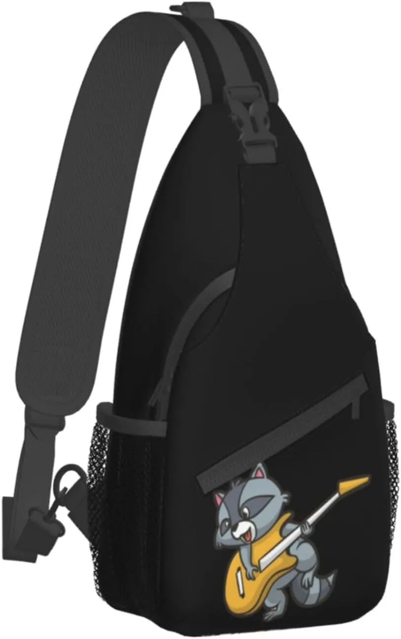 Cartoon Raccoon Plaing Guitar Small Sling Bag for Women Men Crossbody Backpack Casual Hiking Daypack Chest Shoulder Bag with Adjustable Strap