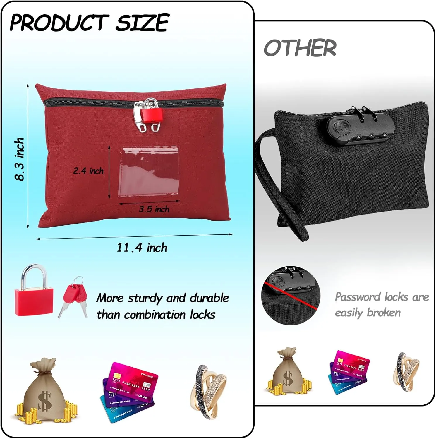 Cashima Cash Box With Lock and 2 Keys - 11.4 x 8.3 Inch Canvas Zipper Business & Personal (Red)