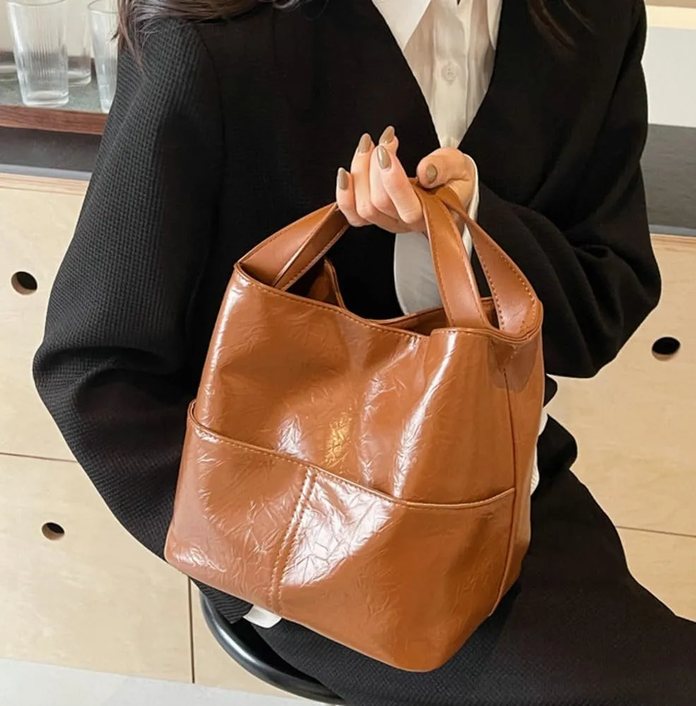 Casual Bucket Crossbody Shoulder Bag for Women Small Tote Purse Vegan Leather Handbag Cute Satchel