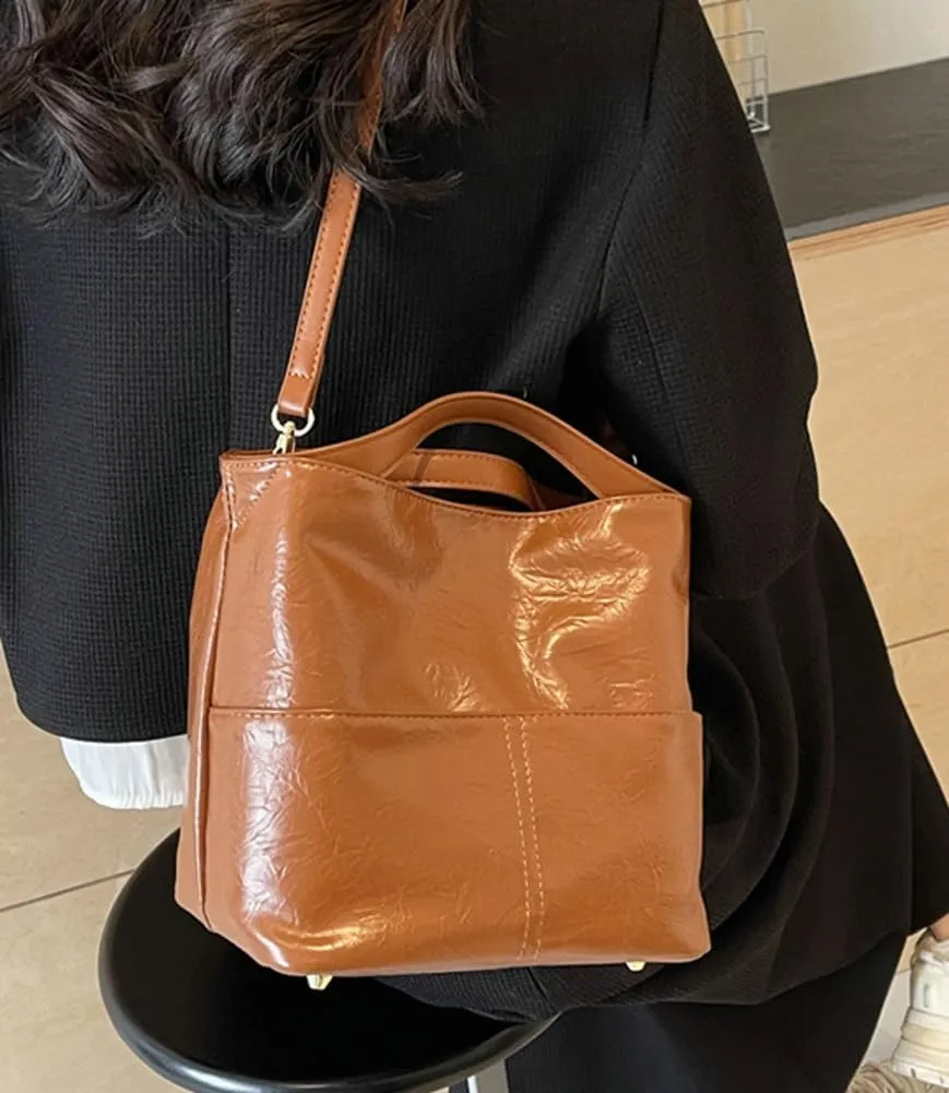 Casual Bucket Crossbody Shoulder Bag for Women Small Tote Purse Vegan Leather Handbag Cute Satchel