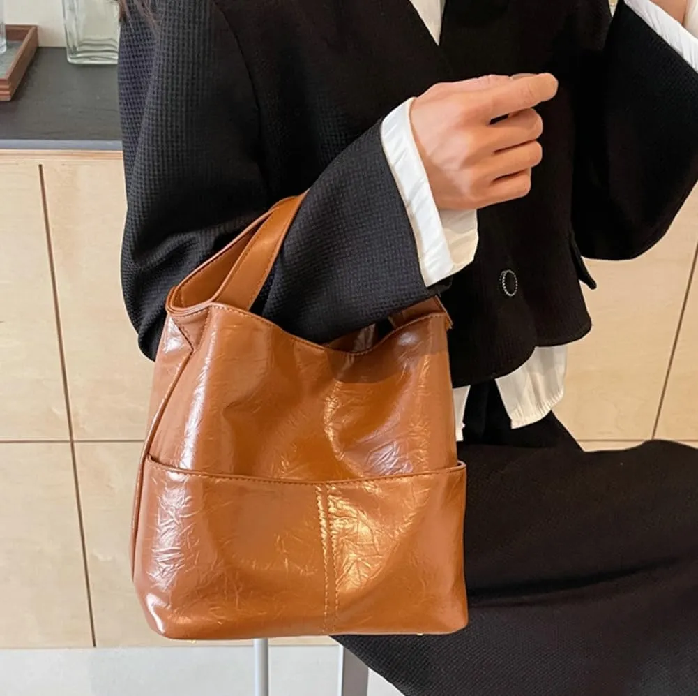 Casual Bucket Crossbody Shoulder Bag for Women Small Tote Purse Vegan Leather Handbag Cute Satchel