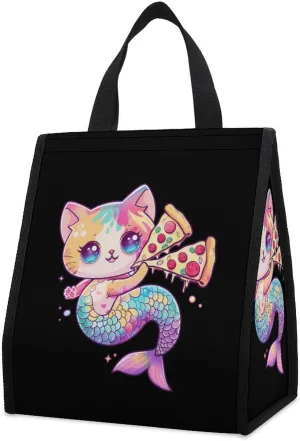 Cat Mermaid Eating Pizza Lunch Bag for Adults Reusable Insulated Lunch Box Cooler Lunch Tote Bag for Work Travel Picnic
