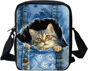 Cat Mini Bag for Girls, Cute Canvas Crossbody Purses Portable Messenger Wallet with Back Zipper Pocket Portable Shoulder Bag