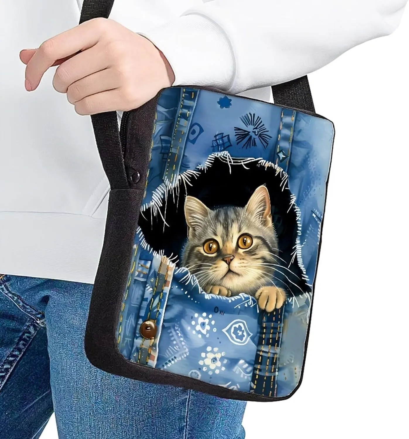 Cat Mini Bag for Girls, Cute Canvas Crossbody Purses Portable Messenger Wallet with Back Zipper Pocket Portable Shoulder Bag