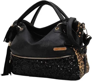 Cayla Tote Bags for Women Vintage Hobo-handbags Leather Large Top Handle Purse Leopard Satchel Shiny Sequins Handbag Totes