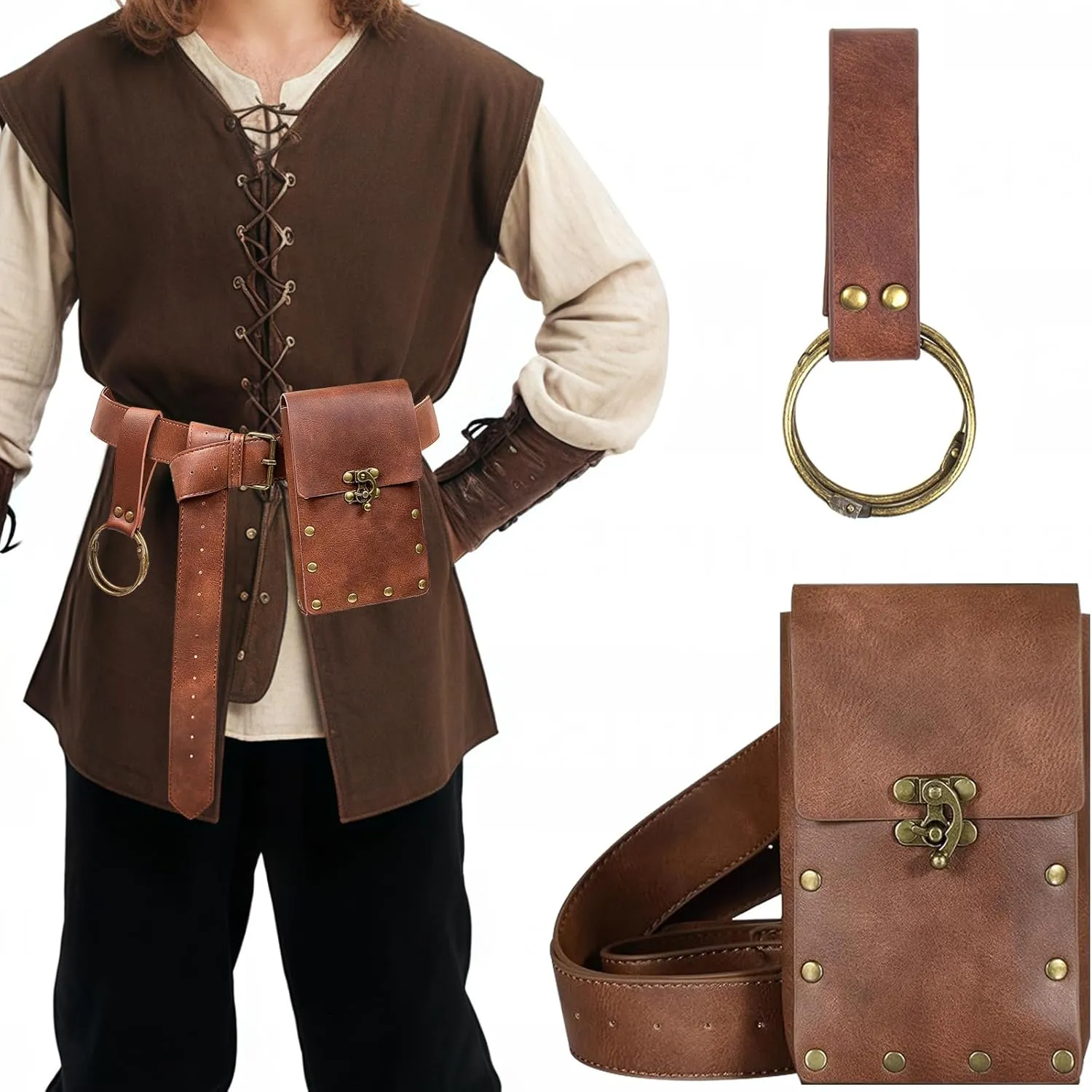 Cellphone Holder Retro Belt Pouch Waist Bag Fanny Pack Steampunk Medieval Renaissance Purse Halloween Costume Accessory (1-Brown)