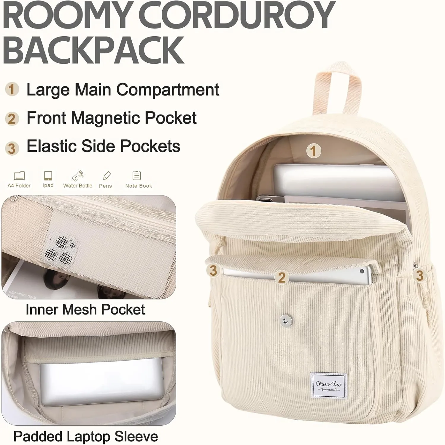 Chase Chic Corduroy Women Backpack, Cute Aesthetic Plush Bookbag Casual Rucksack Daypack for School Teen Girls Beige