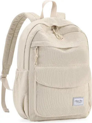 Chase Chic Corduroy Women Backpack, Cute Aesthetic Plush Bookbag Casual Rucksack Daypack for School Teen Girls Beige