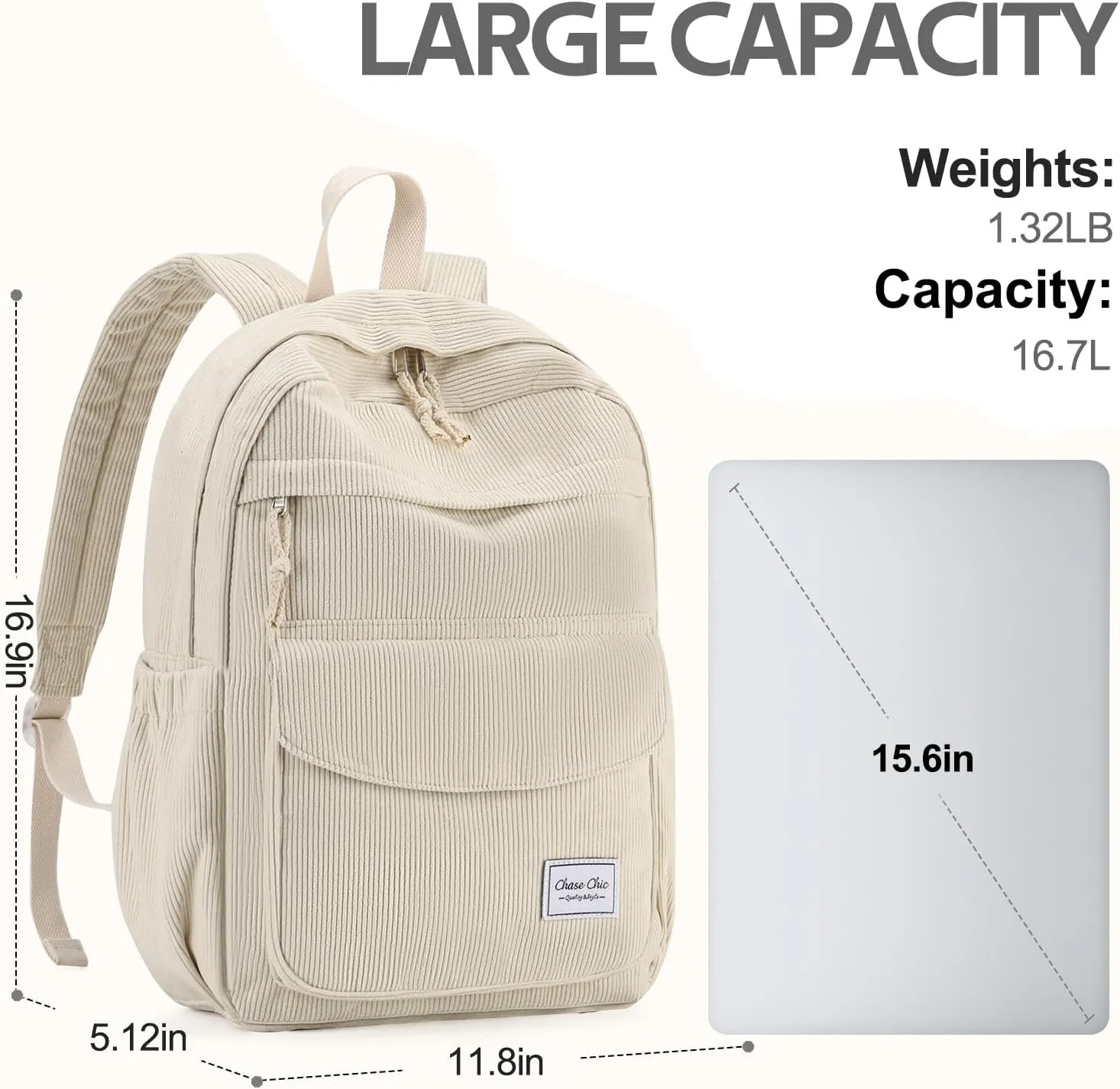 Chase Chic Corduroy Women Backpack, Cute Aesthetic Plush Bookbag Casual Rucksack Daypack for School Teen Girls Beige