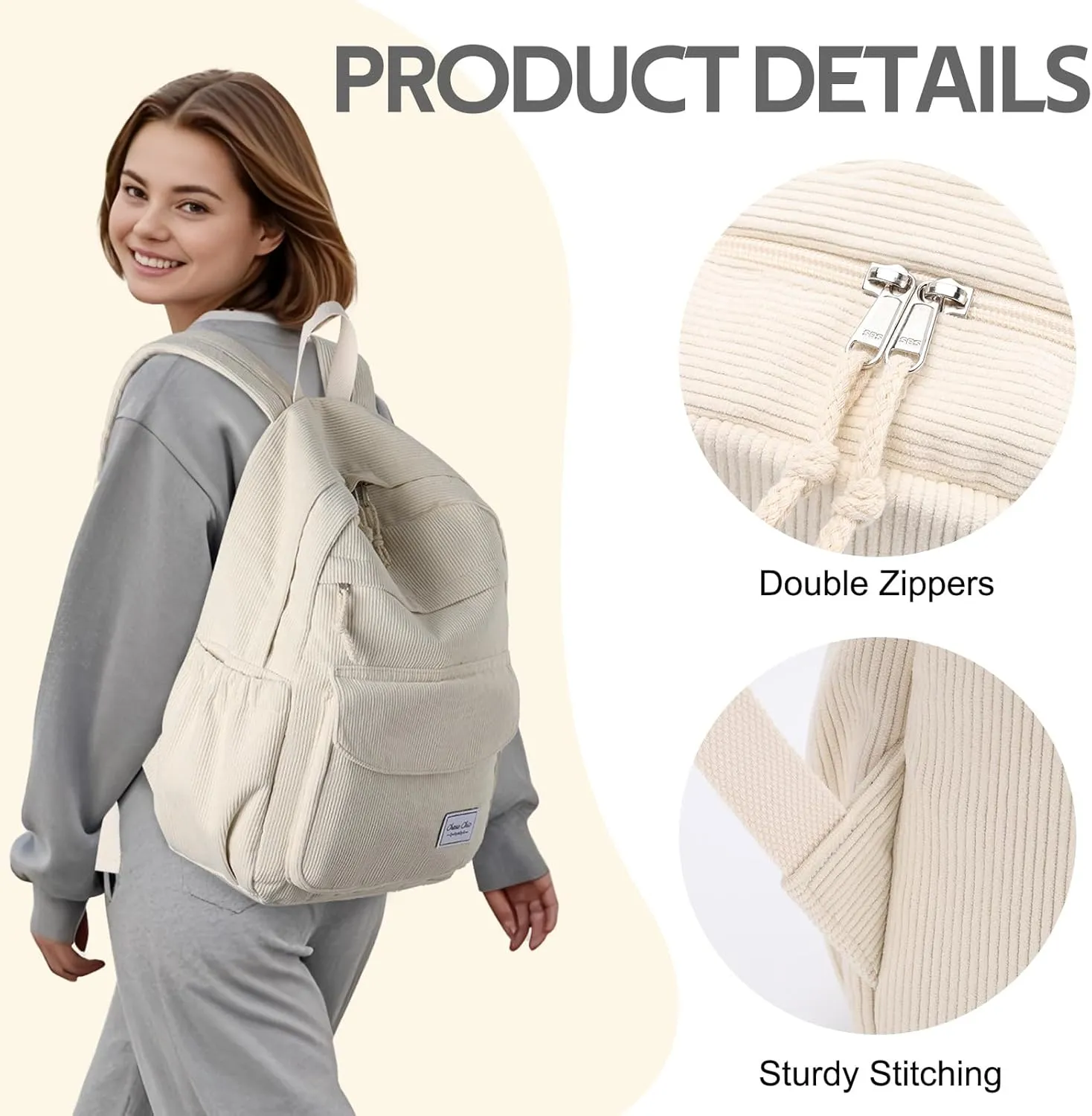 Chase Chic Corduroy Women Backpack, Cute Aesthetic Plush Bookbag Casual Rucksack Daypack for School Teen Girls Beige