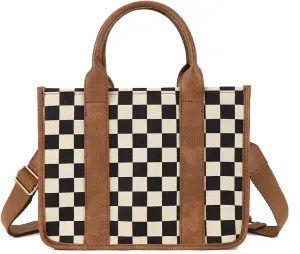 Checkered Purse,Canvas Tote Bag Checkered Crossbody Bag for Women Black and White Slouchy Shoulder Bag for Work/Travel