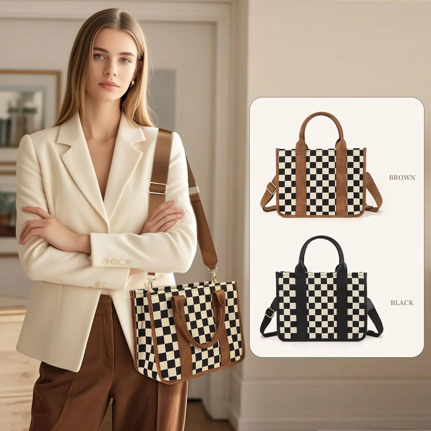 Checkered Purse,Canvas Tote Bag Checkered Crossbody Bag for Women Black and White Slouchy Shoulder Bag for Work/Travel
