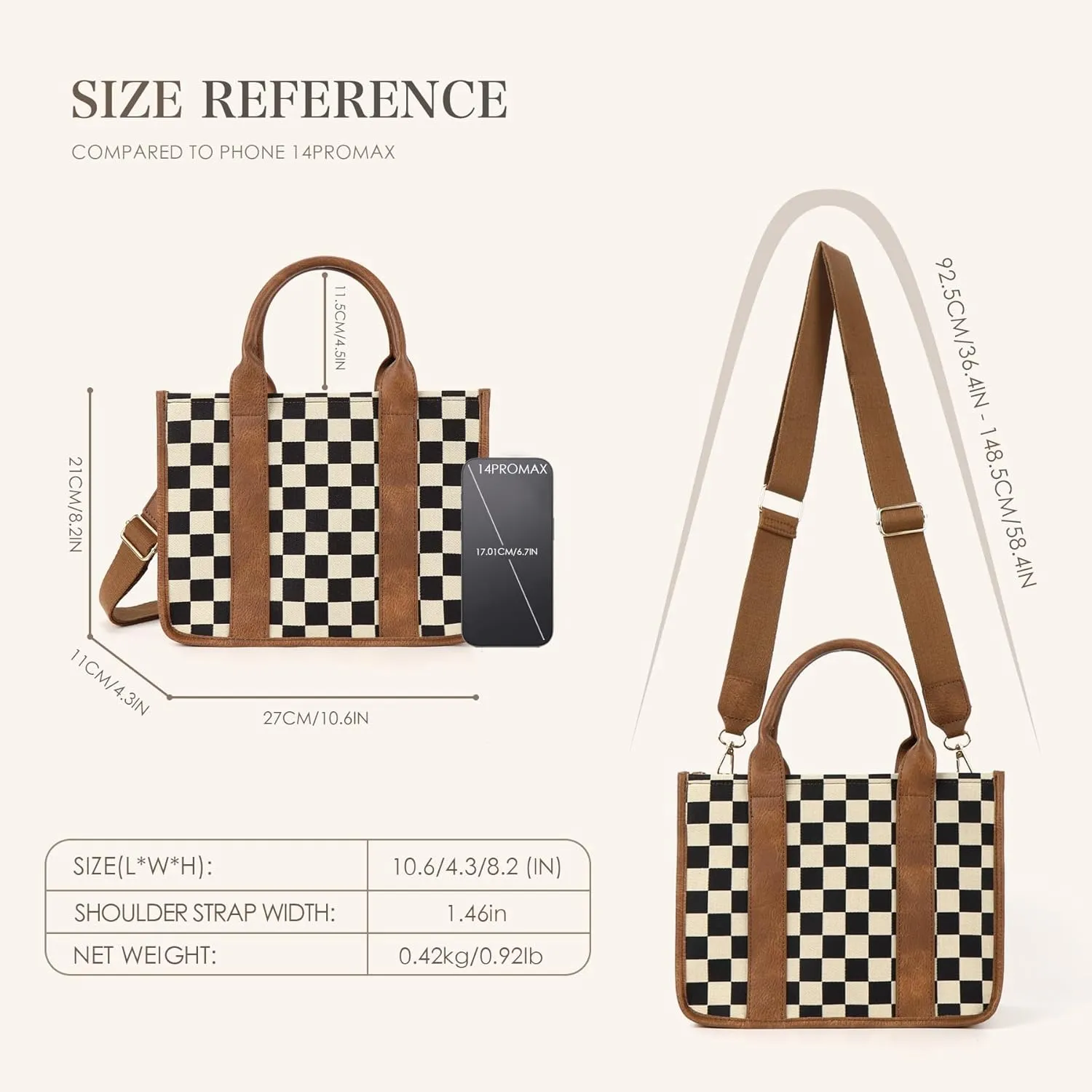 Checkered Purse,Canvas Tote Bag Checkered Crossbody Bag for Women Black and White Slouchy Shoulder Bag for Work/Travel