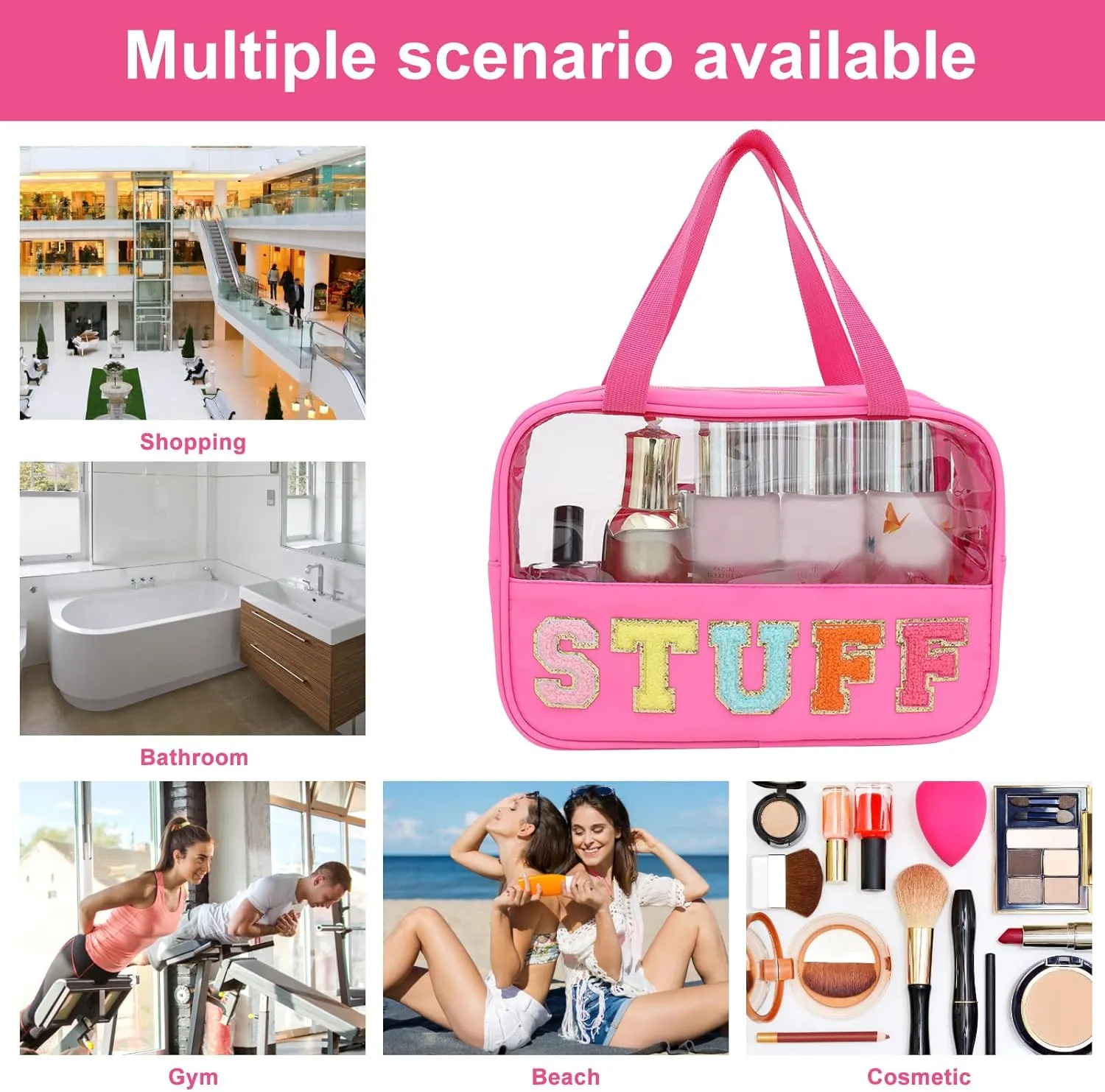 Chenille Letter Patch Clear Bag,Preppy Multi-purpose PVC&Nylon Clear Makeup Bag with Handles,Large Travel Makeup Toiletry Storage Zipper Pouch, Tote Bag for Women (Rose Red-STUFF)