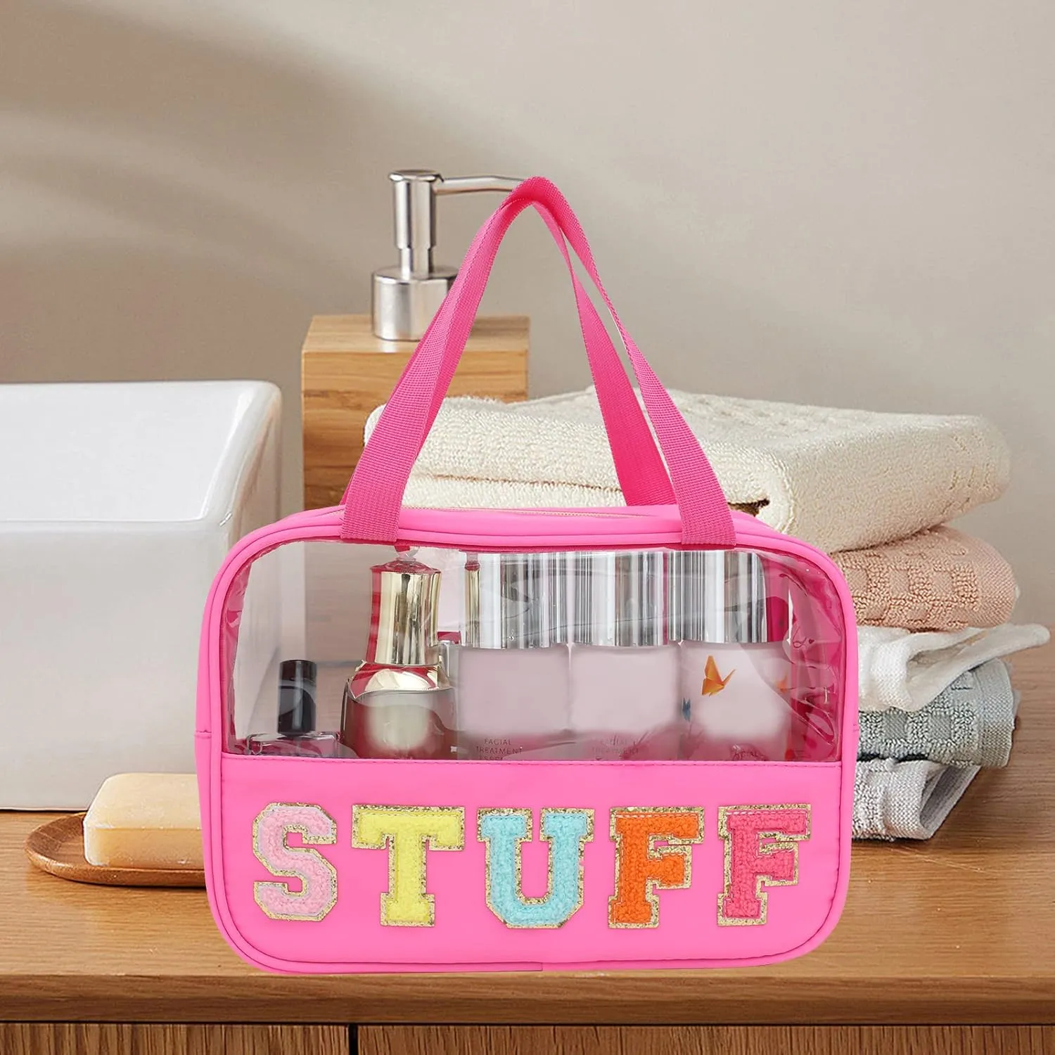 Chenille Letter Patch Clear Bag,Preppy Multi-purpose PVC&Nylon Clear Makeup Bag with Handles,Large Travel Makeup Toiletry Storage Zipper Pouch, Tote Bag for Women (Rose Red-STUFF)