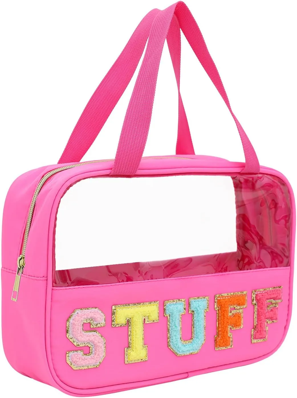 Chenille Letter Patch Clear Bag,Preppy Multi-purpose PVC&Nylon Clear Makeup Bag with Handles,Large Travel Makeup Toiletry Storage Zipper Pouch, Tote Bag for Women (Rose Red-STUFF)